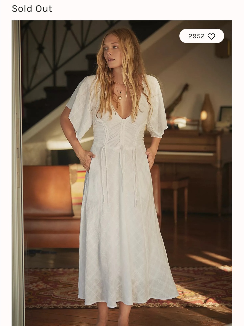 Free People Hard To Resist White Ruched Bodice Midi Dress w/Flutter Sleeves Sz M - Picture 10 of 12